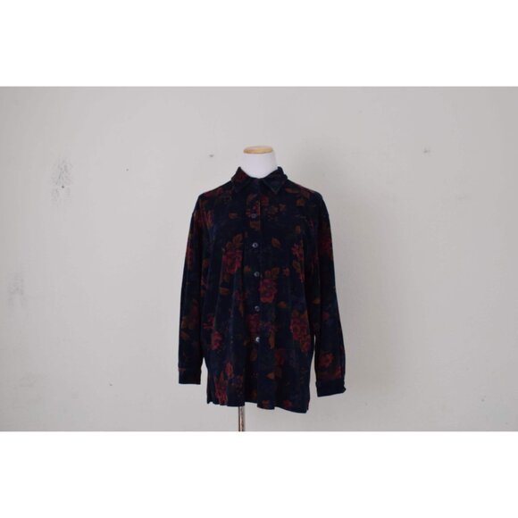 Vintage 80s Cotton/Poly Dark Navy‎ Floral Print Blouse | size Large - Picture 10 of 10